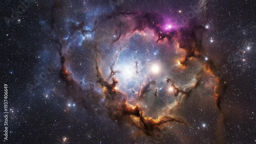 A stunning nebula with bright stars, colorful clouds, and cosmic dust against a dark expanse