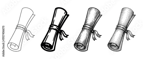 Four rolled paper scrolls tied with ribbons are shown in a set of black and white illustrations, including line art, engraving, stippling, and bold graphic styles for diplomas