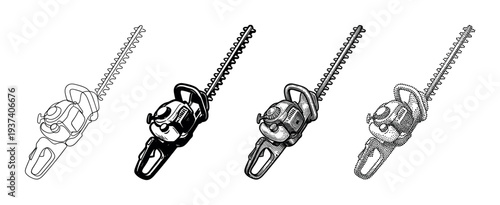 Set of four hedge trimmers illustrated in different artistic styles, including continuous line, solid black, engraving, and stippling for a graphic design concept
