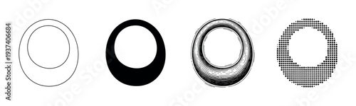 Four minimalist black ring icons displayed in a row with different graphic textures, including a simple outline, a solid shape, a sketchy ink drawing, and a pixel dot pattern
