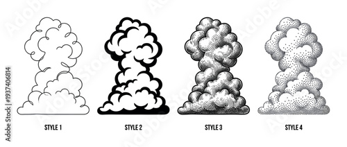 Set of four smoke cloud illustrations in different graphic styles, including simple line art, bold comic silhouette, vintage engraving, and stippling dotwork