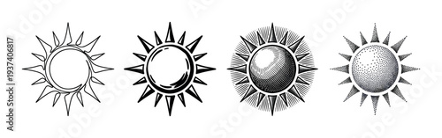 Set of four black sun illustrations presented in various artistic styles including vintage engraving, modern stippling, simple line art, and bold graphic design elements
