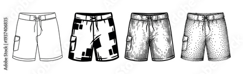 Four pairs of men's boardshorts illustrated in different hand-drawn artistic styles including line art, graphic pattern, engraving, and stippling for a vintage look