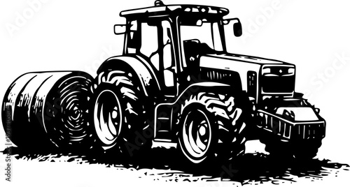 Farm Tractor with Cylindrical Hay Bales Illustration