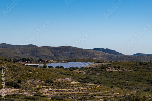 Solar farm in hilly rural landscape under clear sky scene view. 