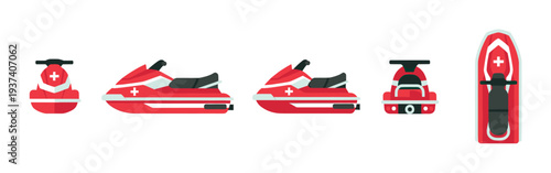 Red and white rescue personal watercraft illustrations shown from multiple angles including front, side, back, and top views in a flat, minimalist vector design style