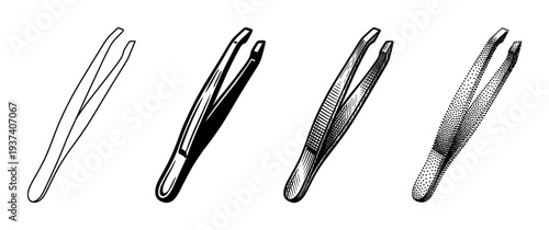 Collection of cosmetic tweezers illustrated in four distinct black and white graphic techniques: simple line art, bold silhouette, detailed hatching, and dotted stipple effect