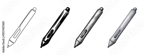 Set of four digital stylus pens for a graphics tablet shown in various artistic styles, including line art, engraving, stippling, and solid black ink illustration