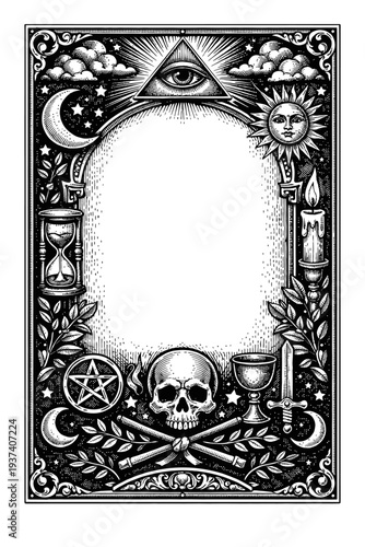 Ornate Esoteric Occult Frame Design featuring All-Seeing Eye, Celestial Sun & Moon, Hourglass, Skull, Pentagram, Chalice, Sword, and Wands. Mystical Vintage Engraving for Spiritual, Alchemical, Pagan