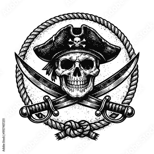 Vintage Pirate Skull Emblem. BW illustration: stylish buccaneer skull in tricorne hat with Jolly Roger, crossed sabers. Encircling nautical rope frame with knot. Ideal for maritime, tattoo, adventure,