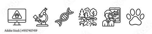 Set of black line icons representing wildlife conservation and biological research with symbols for DNA, microscope, data analysis, nature, and animal tracking in a minimalist style