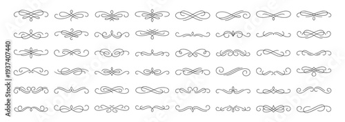 Decorative flourish divider ornaments set with vintage swirl filigree scroll elements and elegant ornamental separators on transparent background