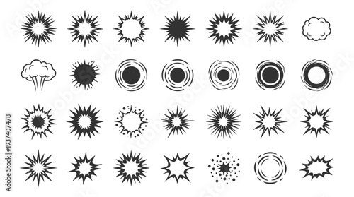 Comic burst and starburst shapes set with explosion impact blast flash sparkle and abstract spiky effect symbols on transparent background