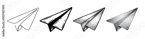 Set of four paper airplane icons drawn in various artistic techniques like simple outline, bold graphic, vintage hatching, and modern pointillism for creative projects
