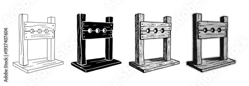 Set of four medieval wooden stocks for public punishment, a collection of hand-drawn illustrations in outline, silhouette, woodcut, and halftone graphic styles