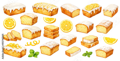 A charming watercolor collection of lemon loaf cakes with icing and sliced pieces for bakery illustrations and dessert design.