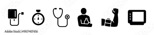 Set of black glyph icons for blood pressure measurement including a cuff, stethoscope, timer, patient, and monitor for medical and healthcare design concepts