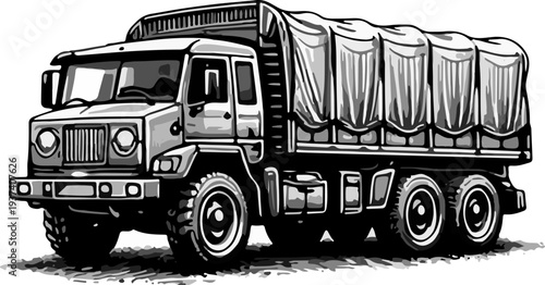 Black and White Military Cargo Truck with Canvas Tarp Cover Illustration