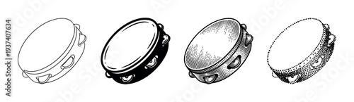 Four black and white tambourine illustrations in different graphic styles, including simple line art, a solid silhouette, vintage engraving, and detailed stippling