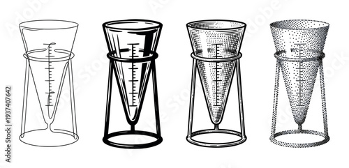 Four rain gauge illustrations in different artistic styles, including line art, engraving, and stippling, showing a collection of meteorological measuring instruments for precipitation