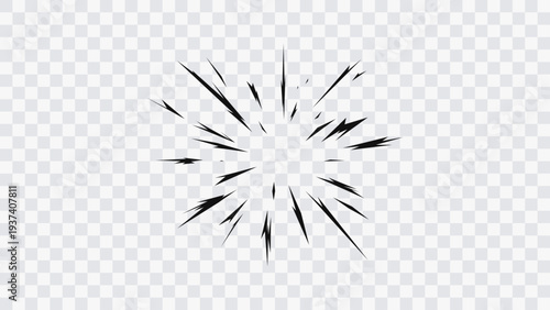  Dynamic anime action element for fight scenes, sound effects, posters and graphic design. Comic style radial impact burst effect. Black manga speed lines explosion isolated on transparent background.
