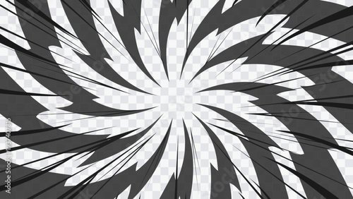Dynamic swirling comic impact lines creating a powerful motion effect for manga, anime action scenes and graphic design. Abstract spiral explosion burst isolated on transparent background.