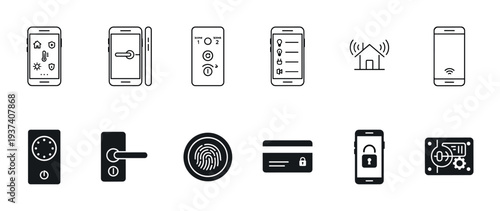 Smart home technology icon set with various control elements for automation, including smartphone apps, remote controls, smart locks, and fingerprint scanners for security systems