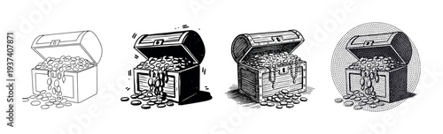 Four treasure chest illustrations filled with gold coins are presented in a set of different artistic styles, including line art, high contrast, crosshatching, and halftone