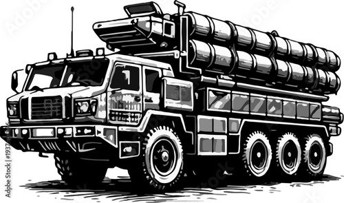 Heavy Mobile Missile Launcher Truck with Multiple Ballistic Rockets – Vintage Military Defense Vehicle Illustration