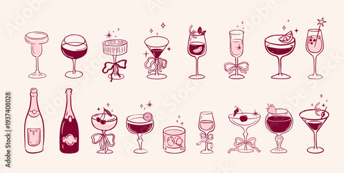 Burgundy hand drawn cocktail party set with wine glasses and champagne bottles. Retro illustrations collection.