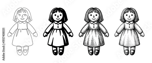 Four vintage rag doll toy illustrations demonstrating a progression of artistic styles from simple continuous line art and silhouette to detailed engraving and stippling