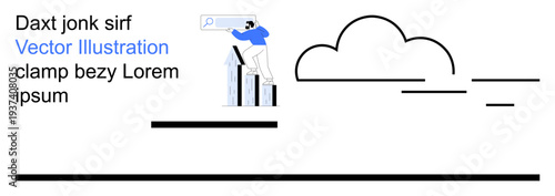 Business strategy, market research, growth planning, data analytics, success vision, goals tracking. Person on bar chart holding magnifier with search bar. Business strategy and market research