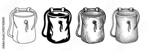 Four rock climbing chalk bag illustrations in a set of different artistic styles including line art, stencil, hatching, and stippling for sporting equipment concepts