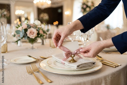 Event planner or waitress placing a blank name card with a pink ribbon on an elegant table setting