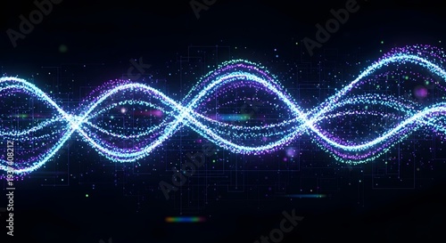 Abstract Blue Waveform of Light Particles on a Dark Background.