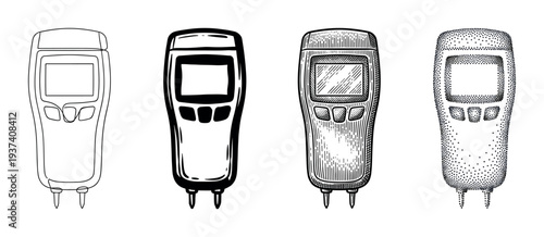 Four moisture meter measuring tool illustrations in line art, ink, engraving, and stippling styles, a collection of technical drawings for construction and woodworking