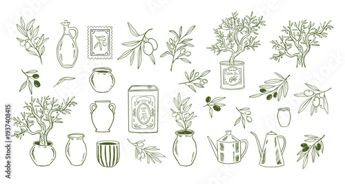 Vintage hand drawn linear olive tree branches with leaves, ceramic pots and vases and olive oil icons and logos