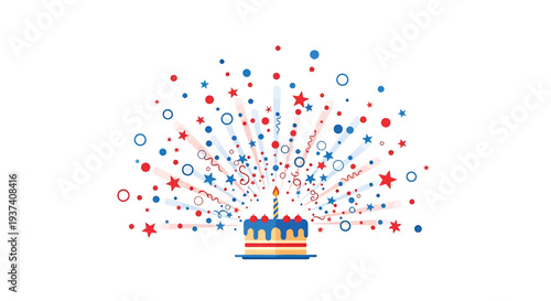 Vector birthday cake with red and blue fireworks