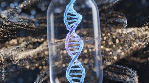 A stylized DNA double helix inside a clear capsule, against a bokeh background