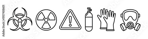 Collection of six minimalist outline icons depicting biohazard, radiation, warning symbols, a gas cylinder, protective gloves, and a respirator