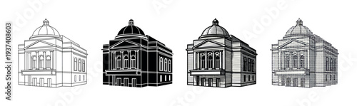 Set of four classical building illustrations showing different graphic styles including outline, silhouette, engraving, and a halftone dot pattern for architectural concepts