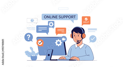 Vector illustration of customer support agent with computer and online support icons