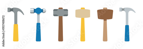 Six colorful various hand tools hammers and mallets are neatly arranged in a horizontal row, depicted with a modern flat design style