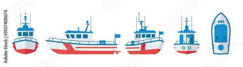 Collection of fishing boat illustrations showing multiple views including front, side, back, and top-down perspectives in a clean and simple flat vector art style