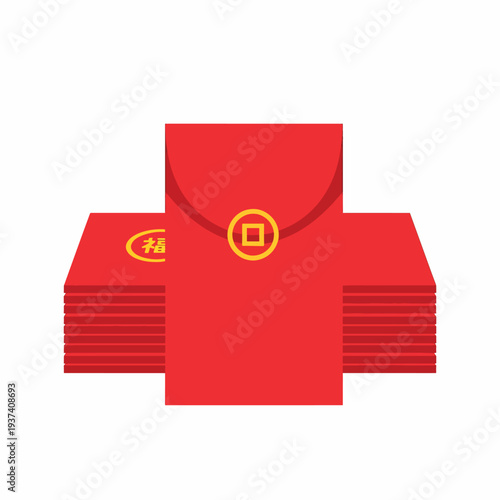 Red Envelope with Gold Seal and Stacks.