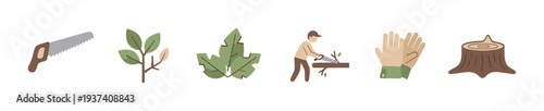Set of six gardening and tree cutting icons showing a saw, leaves, a person sawing, gloves, and a stump in a flat, minimalist illustration style with a muted color palette
