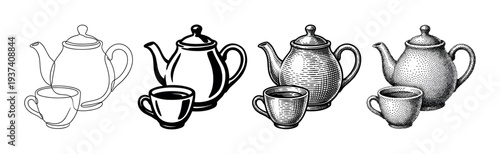 Set of four teapot and teacup illustrations showing different artistic styles, from minimalist continuous line drawing and solid silhouette to detailed engraving and stippling