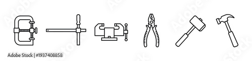 Set of six black line icons of various workshop hand tools including clamps, a vise, pliers, and hammers in a simple graphic illustration style for DIY concepts