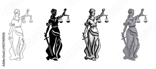 Set of four Lady Justice icons representing law and order, shown in different artistic styles including line art, silhouette, engraving, and halftone dot pattern
