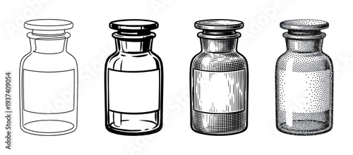 Set of four vintage glass apothecary bottles illustrated in different artistic styles including line art, graphic novel, engraving, and stippling for a retro design collection